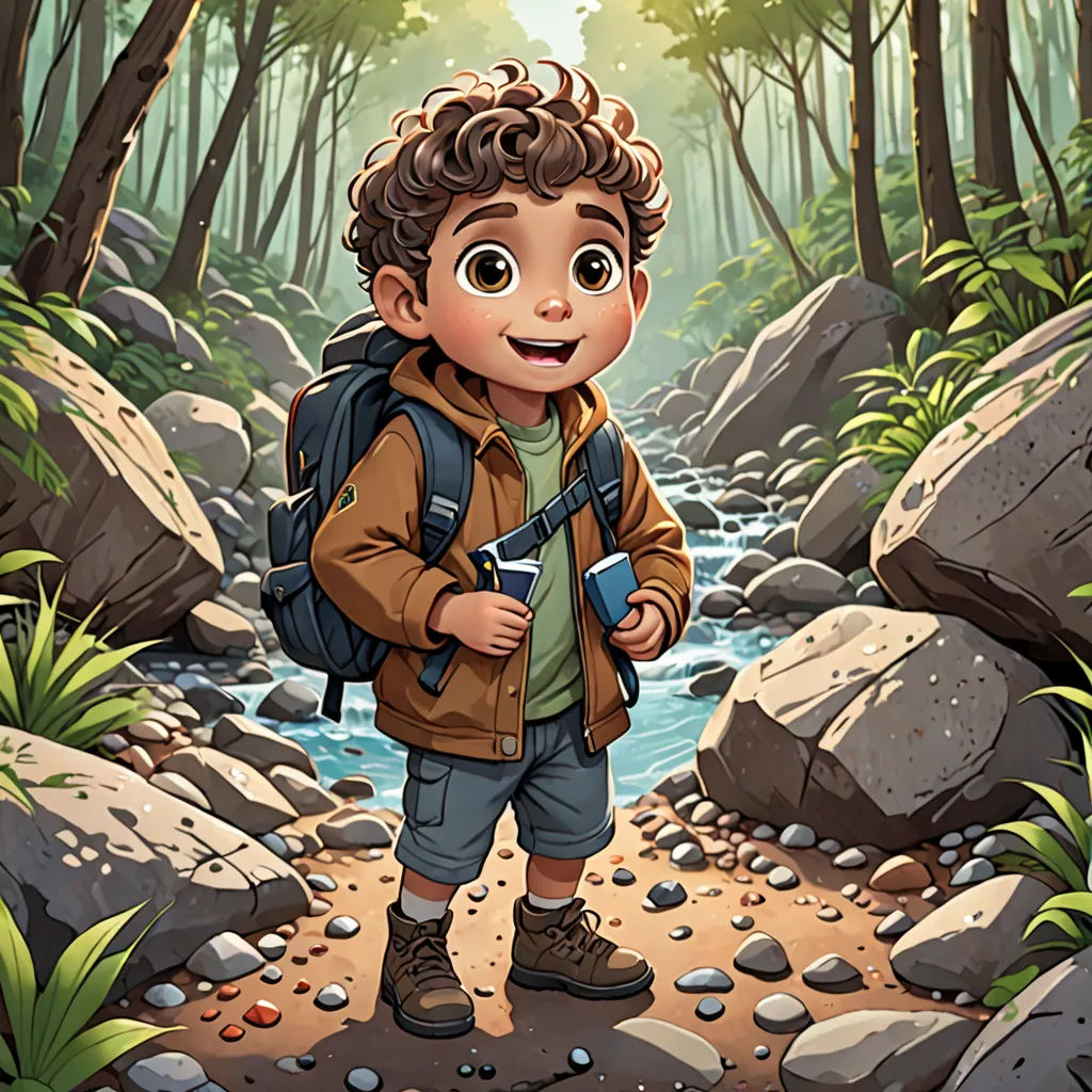a boy with a backpack standing in a forest with rocks and a stream in the background, with a camera in his hand, sots art, a character portrait, Diego Gisbert Llorens, official art