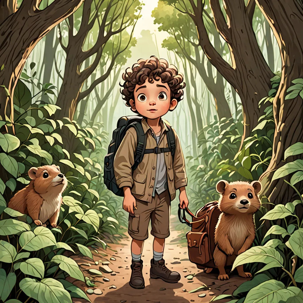a boy with a backpack and two brown bears in a forest with trees and bushes on either side of him, process art, a storybook illustration, Aaron Jasinski, key art