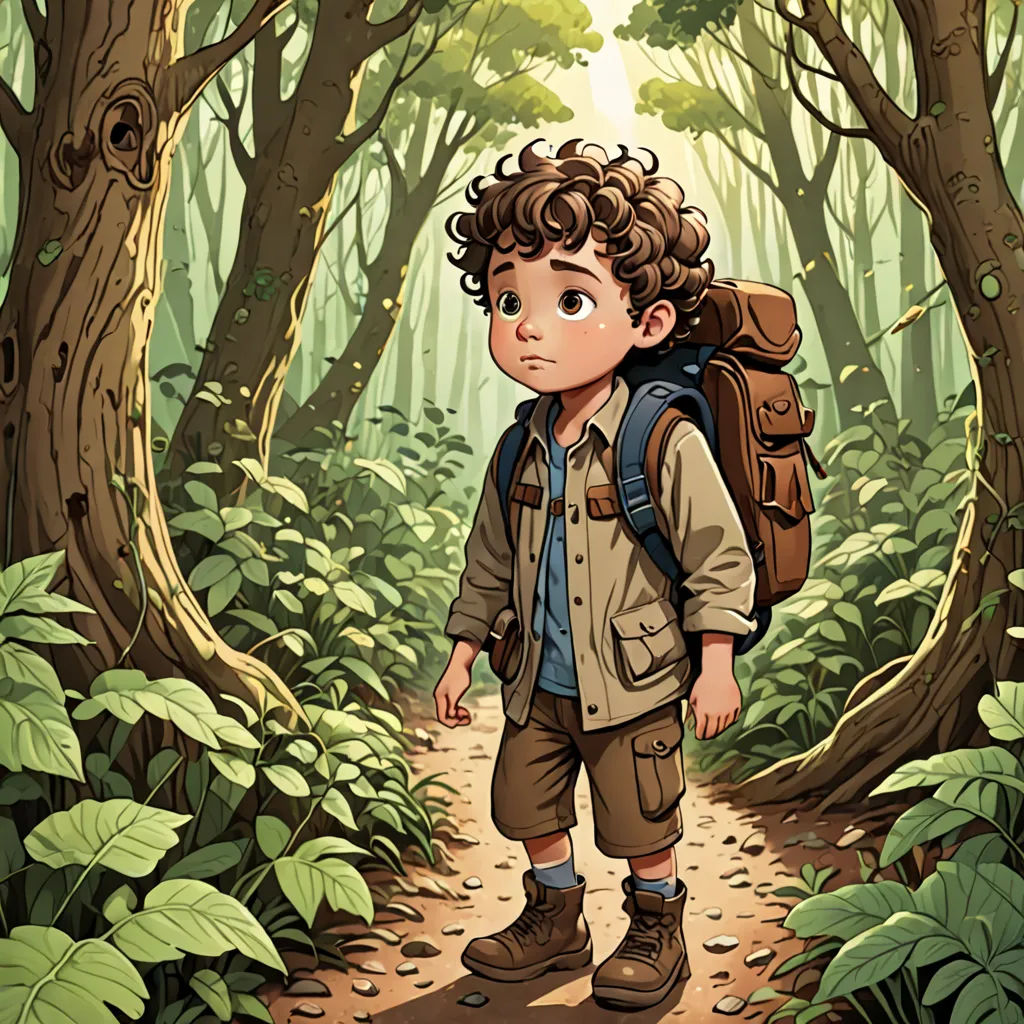 a boy with a backpack is walking through the woods in the sunlight, with a trail in the background, process art, a storybook illustration, Diego Gisbert Llorens, storybook illustration
