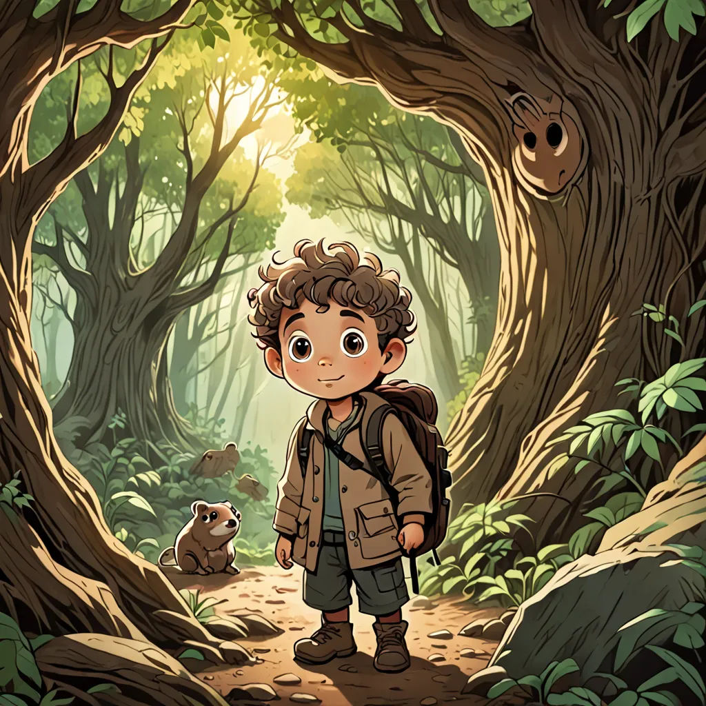 a boy with a backpack standing in a forest with a squirrel on the ground and a tree in the background, fantasy art, a storybook illustration, Diego Gisbert Llorens, official art