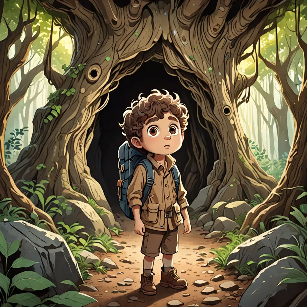 a boy with a backpack standing in a forest entrance with a path leading to it and a tunnel in the background, fantasy art, a storybook illustration, Diego Gisbert Llorens, rossdraws global illumination