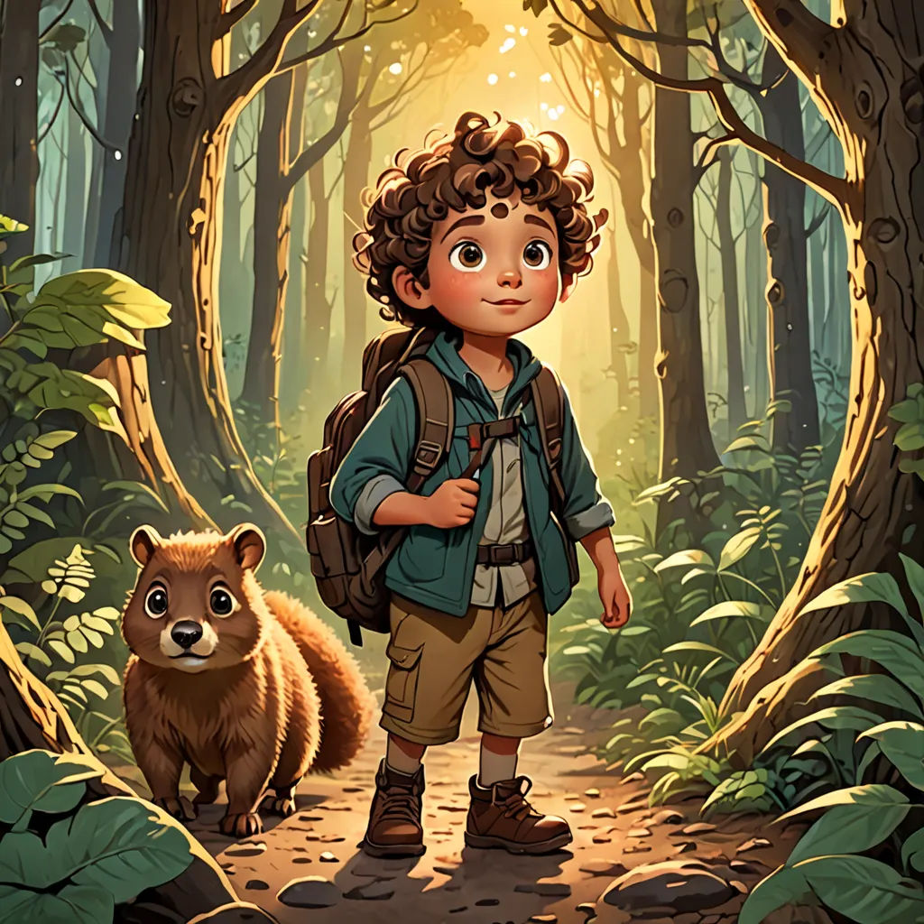 a boy with a backpack and a raccoon in a forest with sunlight coming through the trees and leaves, sots art, a storybook illustration, Aaron Jasinski, rossdraws global illumination