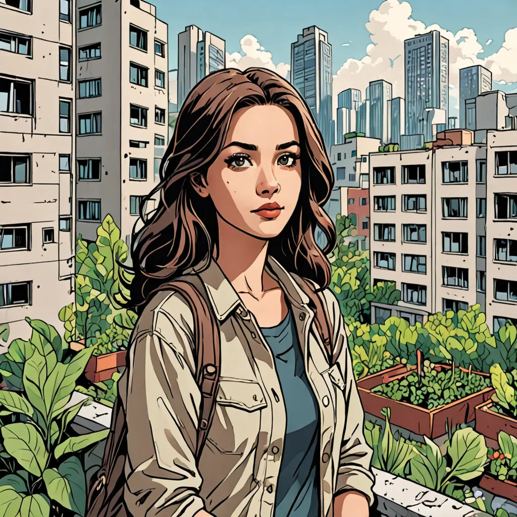 a woman standing in front of a city with lots of plants and buildings in the background, with a green roof, les automatistes, a character portrait, Asaf Hanuka, comic cover art