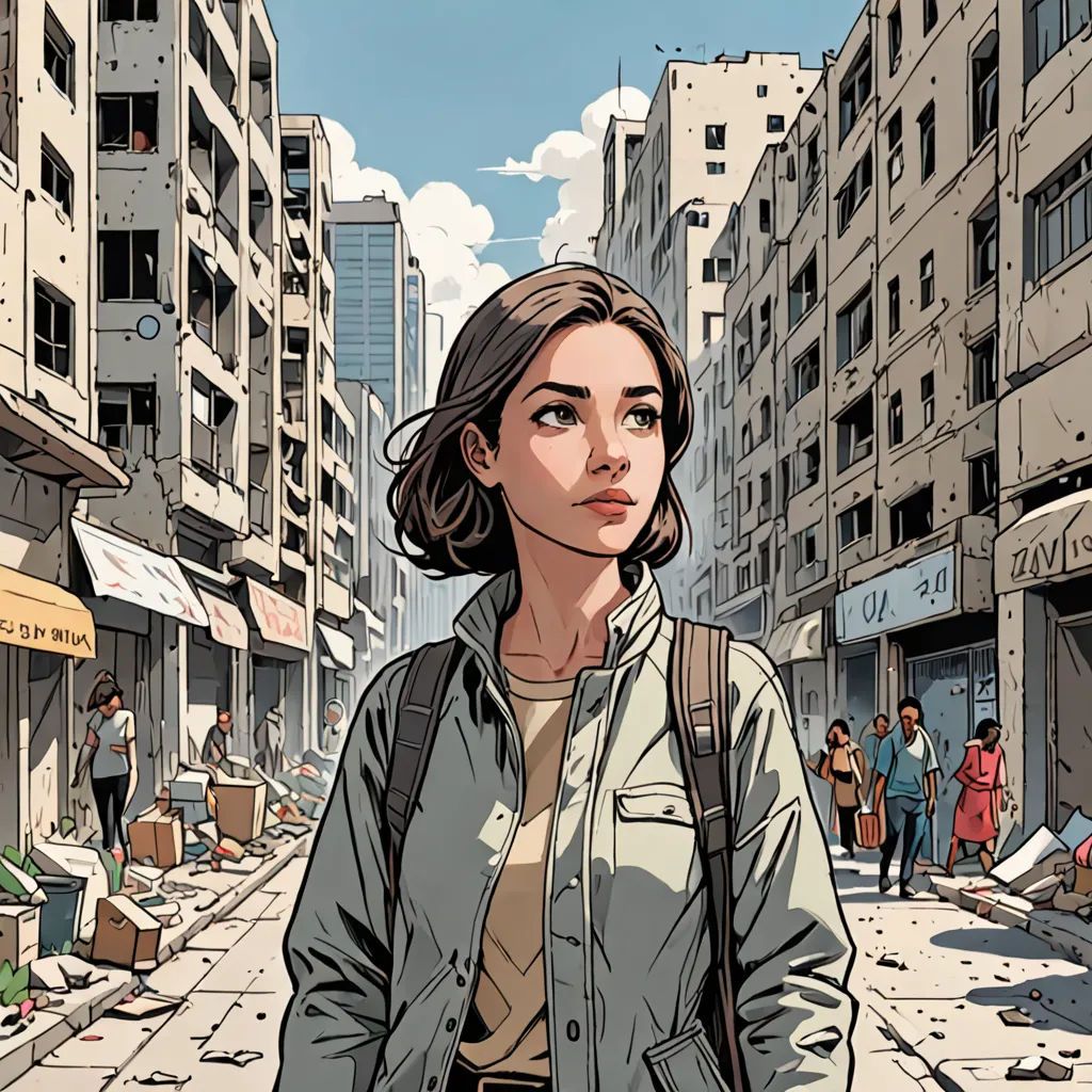 a woman standing in a city street with a backpack on her back and people walking around her on the sidewalk, serial art, a comic book panel, Asaf Hanuka, graphic novel