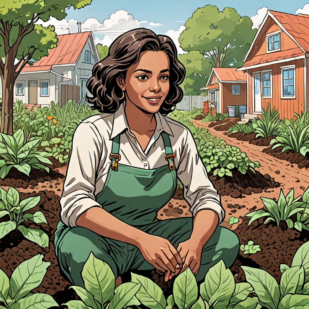a woman kneeling in a garden with a house in the background and a green plant in the foreground, american realism, a character portrait, Bourgeois, promotional image