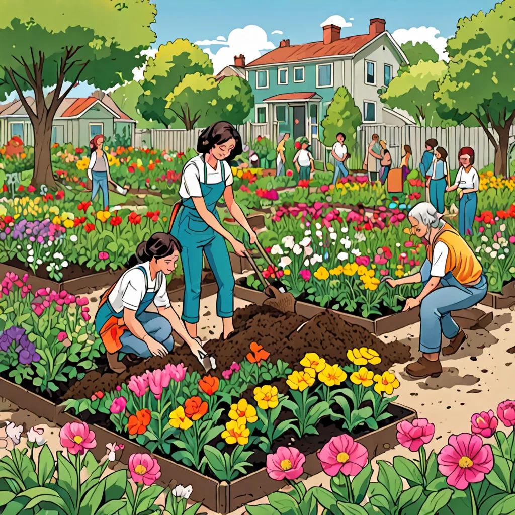 a group of people working in a garden with flowers and plants in the ground and a house in the background, synthetism, a storybook illustration, Chris Ware, detailed illustration