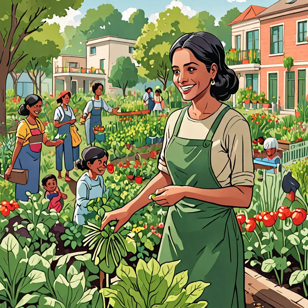 a woman in an apron is tending to a garden with children in the background and a house in the background, socialist realism, a storybook illustration, Asaf Hanuka, high detail illustration