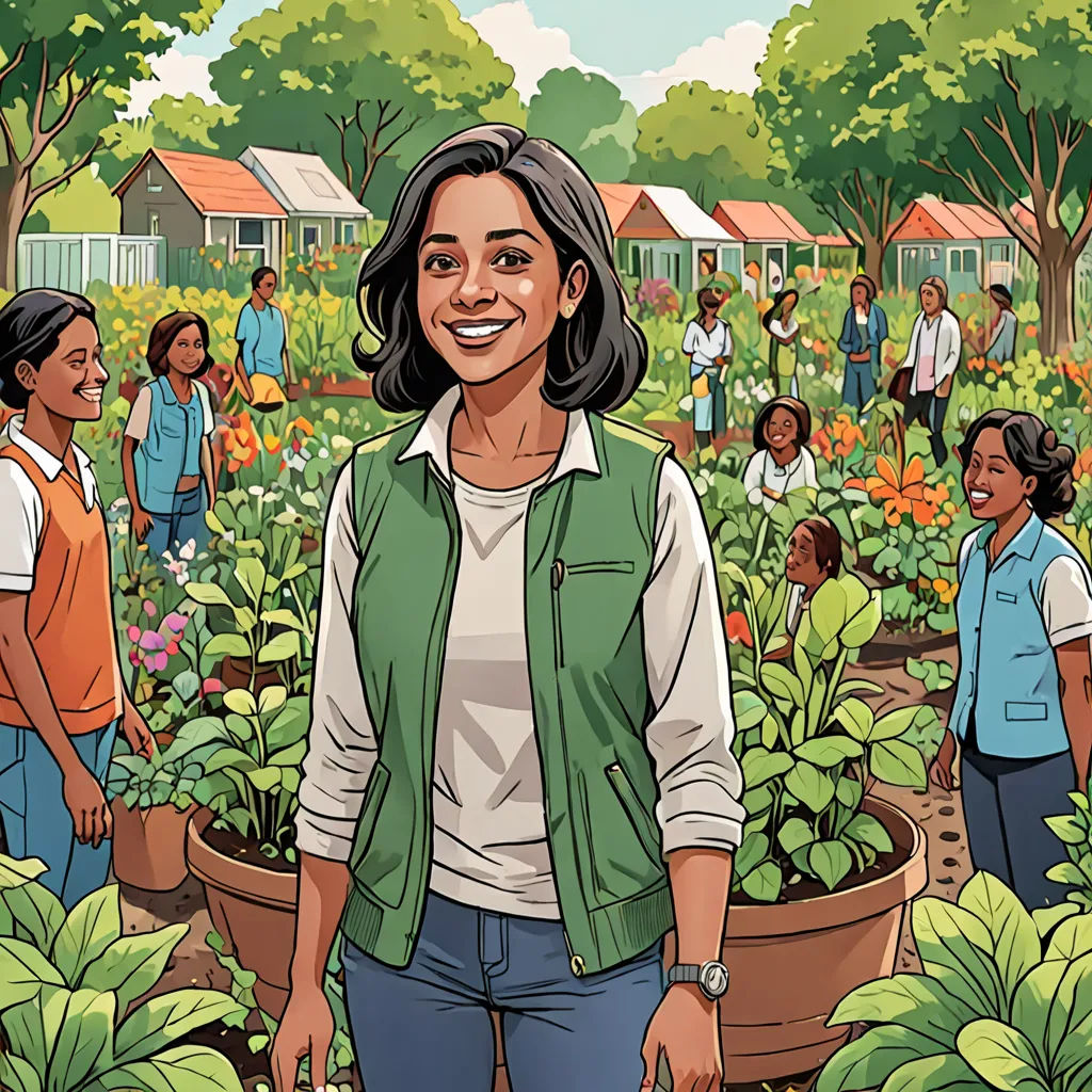 a woman standing in a garden filled with lots of plants and people around her smiling at the camera,, environmental art, a storybook illustration, Ella Guru, promotional image