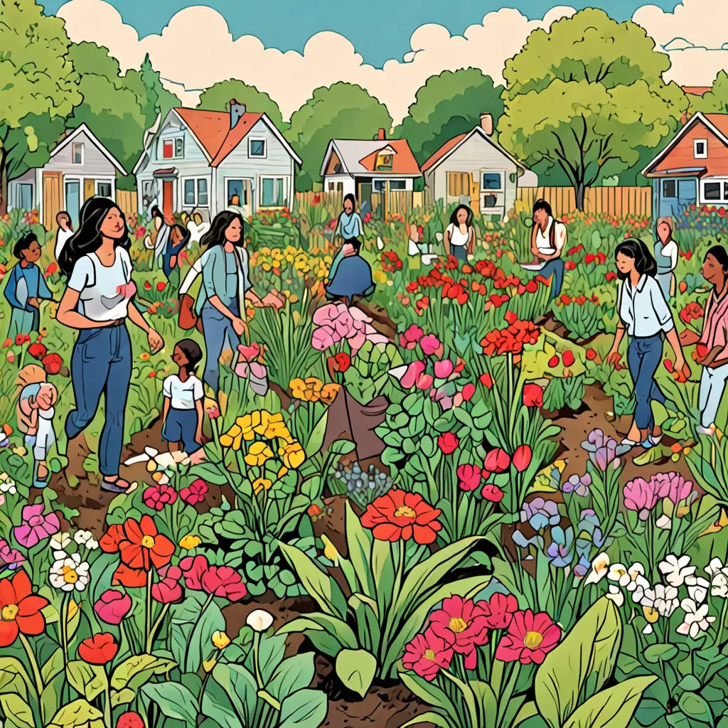 a group of people in a garden with flowers and trees in the background and a house in the background, environmental art, a storybook illustration, Chris Ware, detailed illustration