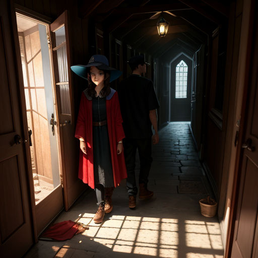 a man and a woman walking into a house through a doorway with a red cape on their head and a blue hat on their head