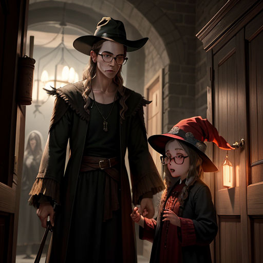 a woman and a child dressed up in costumes and hats in a hallway with a light on and a door open