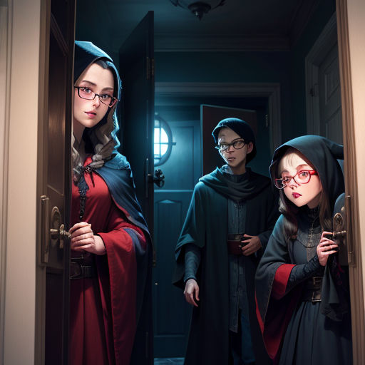 a group of people standing in a doorway with a light on and a person in a robe and glasses