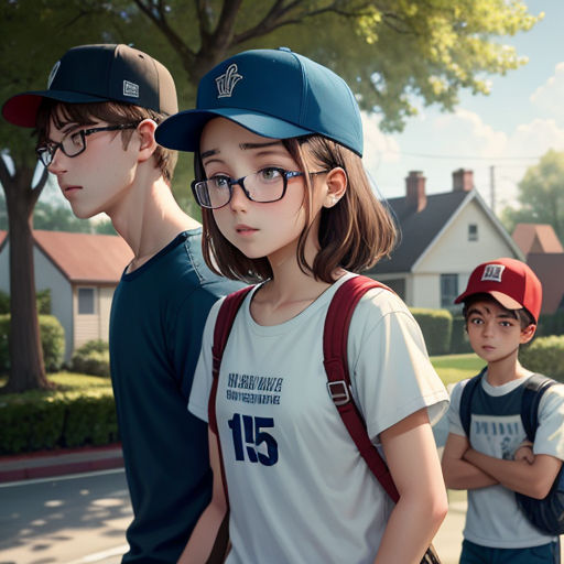a group of young people standing next to each other on a street with houses in the background and trees