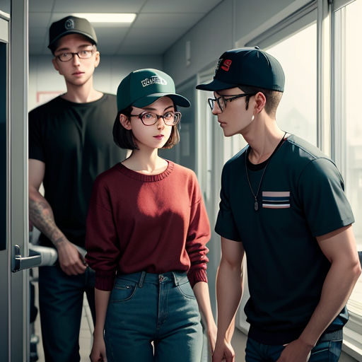 a man and a woman standing in a hallway with a man looking at them in the mirror and a woman standing behind them