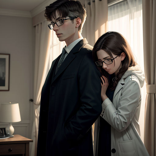 a man and a woman standing next to each other in a room with curtains and a lamp on a table
