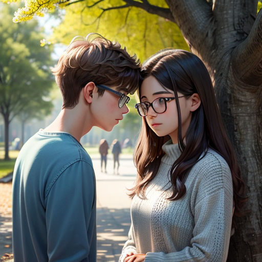 a couple of people standing next to a tree in a park with a tree in the background and a man and woman standing next to each other