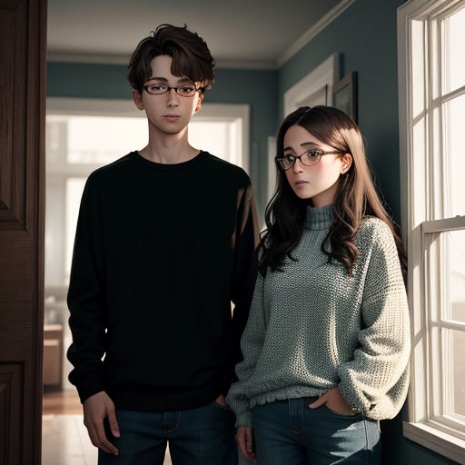 a man and a woman standing next to each other in a room with a window and a door in the background