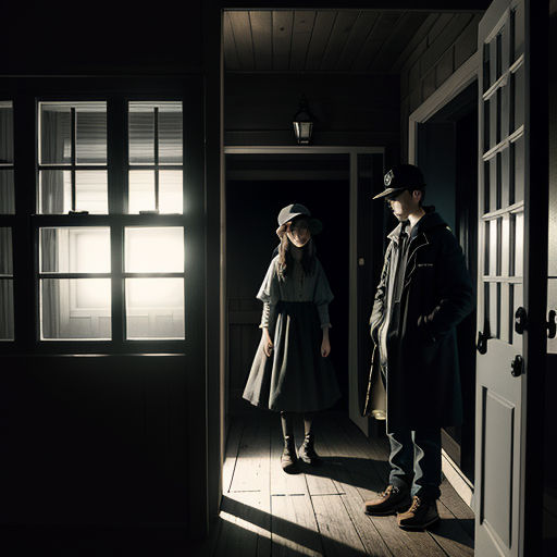 a man and a woman standing in a doorway of a house at night with the light shining through the window