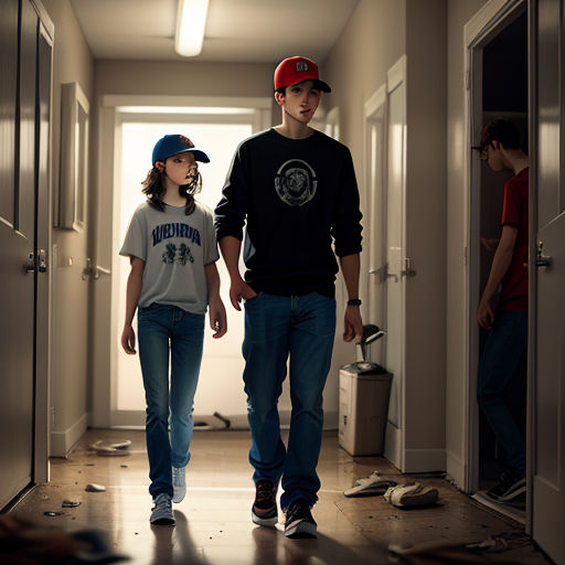 a man and a woman walking down a hallway together, with a trash can in the foreground and a trash can in the background