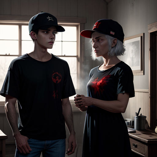 a man and a woman standing in a room with a window behind them and a hat on their head
