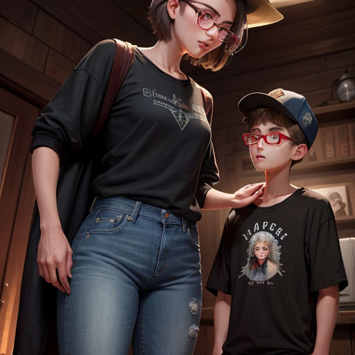 a woman and a boy are standing together in a room with a light on the ceiling and a lamp on the ceiling
