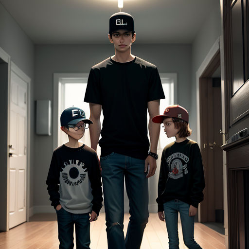a man and two children standing in a hallway with a light on above them and a door way in the background