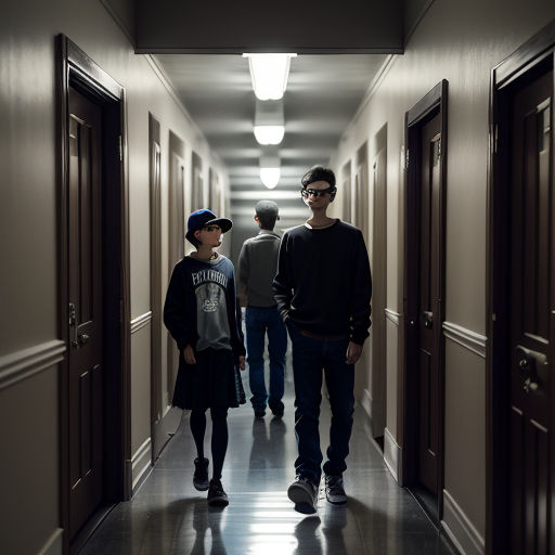 a man and a boy are walking down a hallway together in a hallway with doors open and a light on