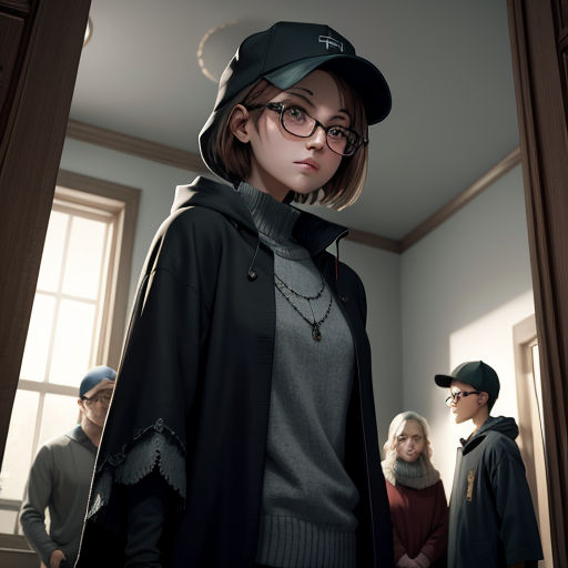 a woman in a black coat and a hat standing in a room with other people looking on and a man in a green hat