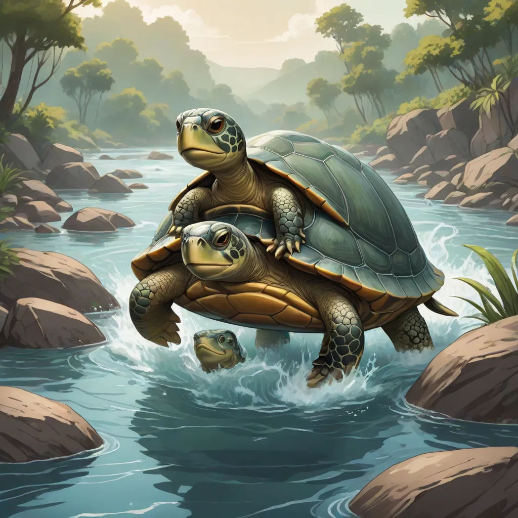 a painting of two turtles crossing a river together, with a forest in the background and a river running through the middle, Brothers Hildebrandt, sots art, concept art, magic the gathering artwork