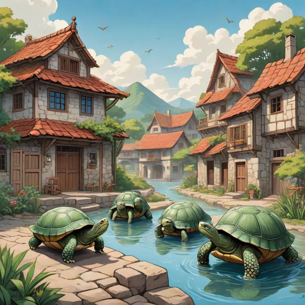 a painting of two turtles in a river in front of a house and a riverbank with a house, Chris LaBrooy, fantasy art, a storybook illustration, official art