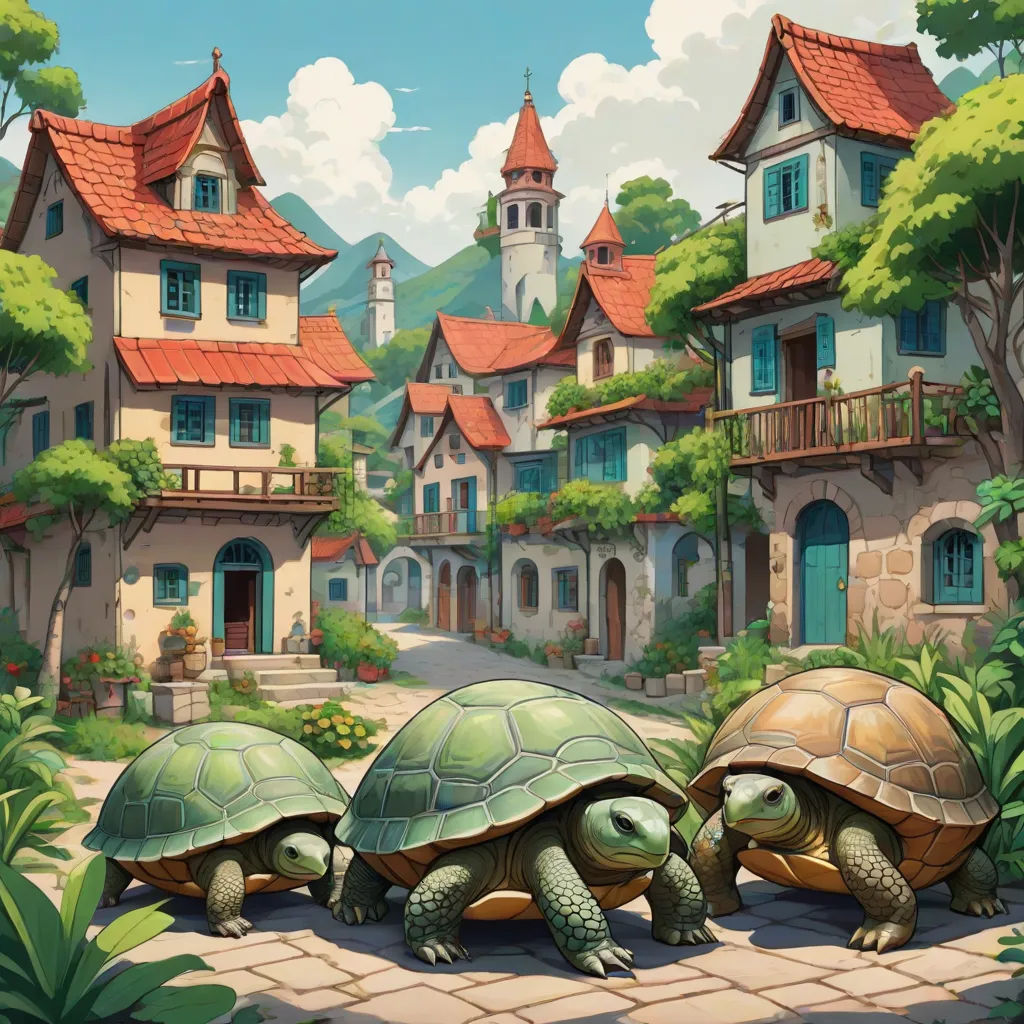 two turtles walking in front of a house in a cartoon style, with a red roof and a white building, Brothers Hildebrandt, american scene painting, a storybook illustration, official art