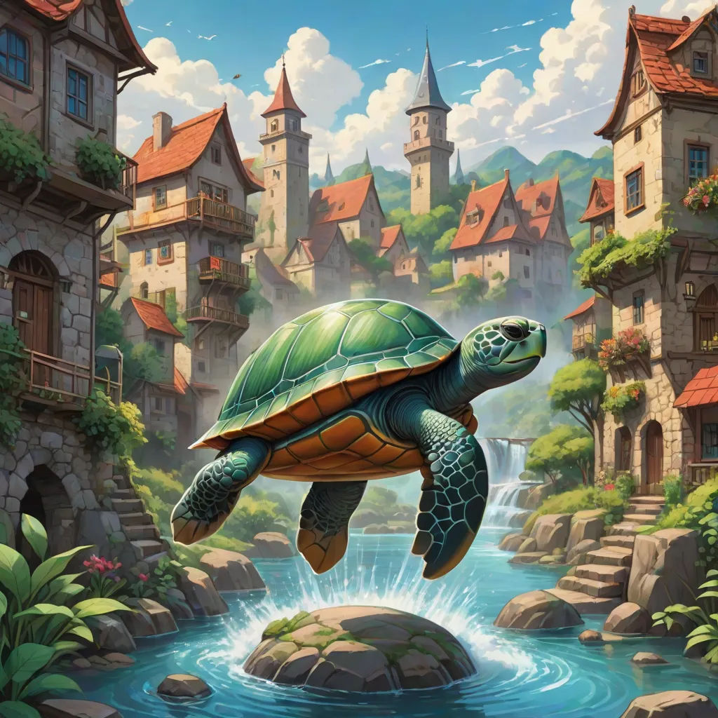 a turtle is swimming in a river near a castle and a waterfall with a waterfall running through it, and a castle in the background, Chris LaBrooy, fantasy art, a storybook illustration, kinkade