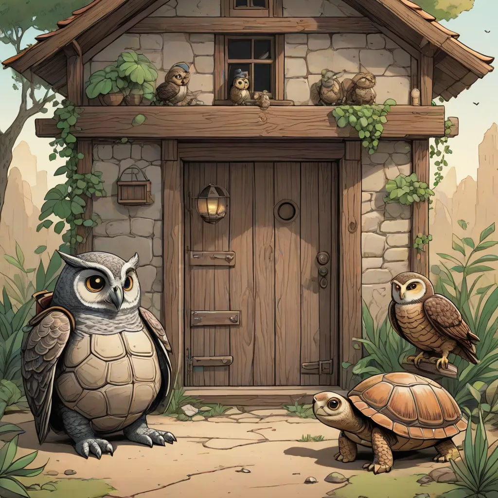 a house with owls and a turtle in front of it and a door with a window and a door frame, Chris LaBrooy, fantasy art, a storybook illustration, storybook illustration