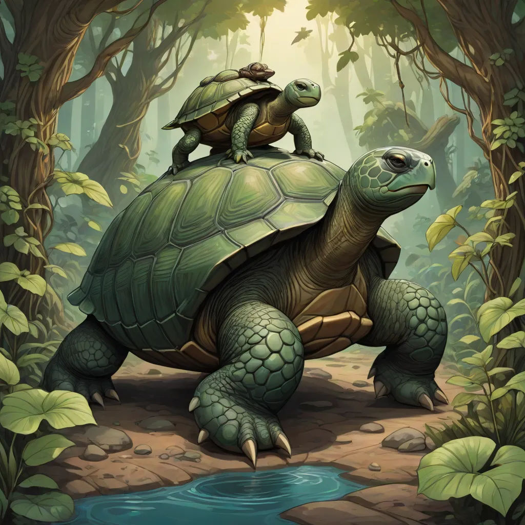 a couple of turtles sitting on top of a turtle in the forest next to a pond of water and trees, Chris LaBrooy, fantasy art, a storybook illustration, magic the gathering artwork