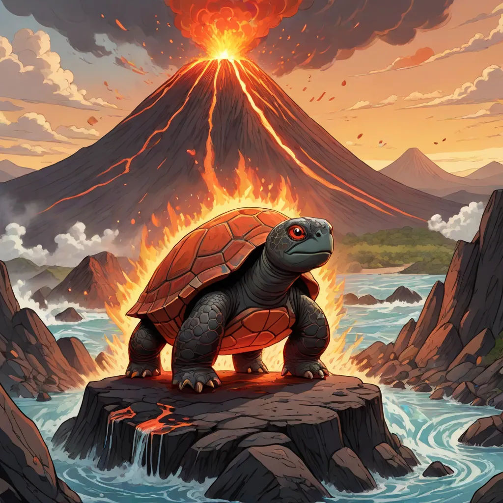 a turtle is standing on a rock in front of a volcano with a lava spewing out of it, Chris LaBrooy, altermodern, concept art, magic the gathering artwork