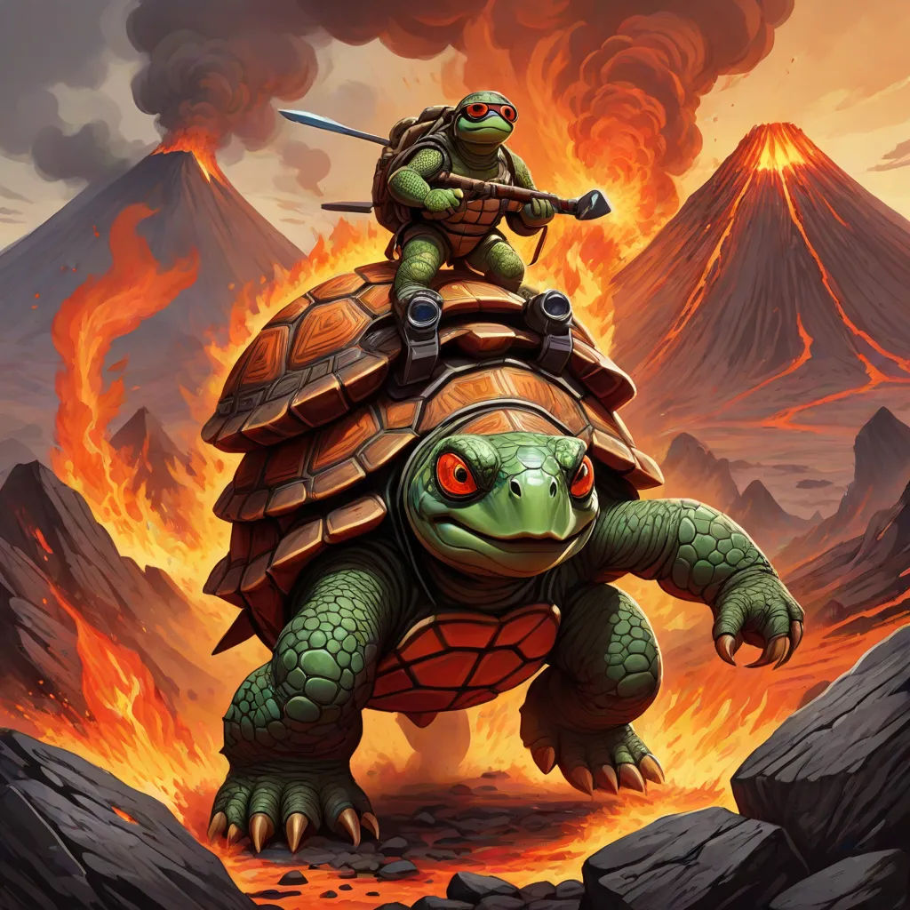 a painting of a turtle with a sword on top of it's back and a man on top of it, Alex Horley, sots art, concept art, official art