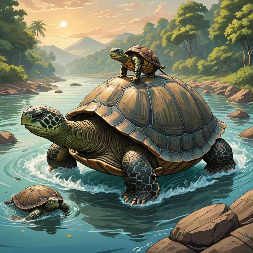 a turtle and a turtle on top of a turtle in a river with a sunset in the background and a person on top of the turtle, Brothers Hildebrandt, fantasy art, a storybook illustration, official art