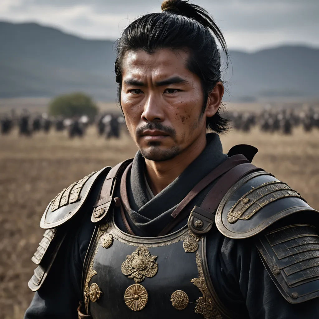 a man in a black and gold armor standing in a field with a group of horses behind him in the distance, dau-al-set, a character portrait, Dai Jin, movie still