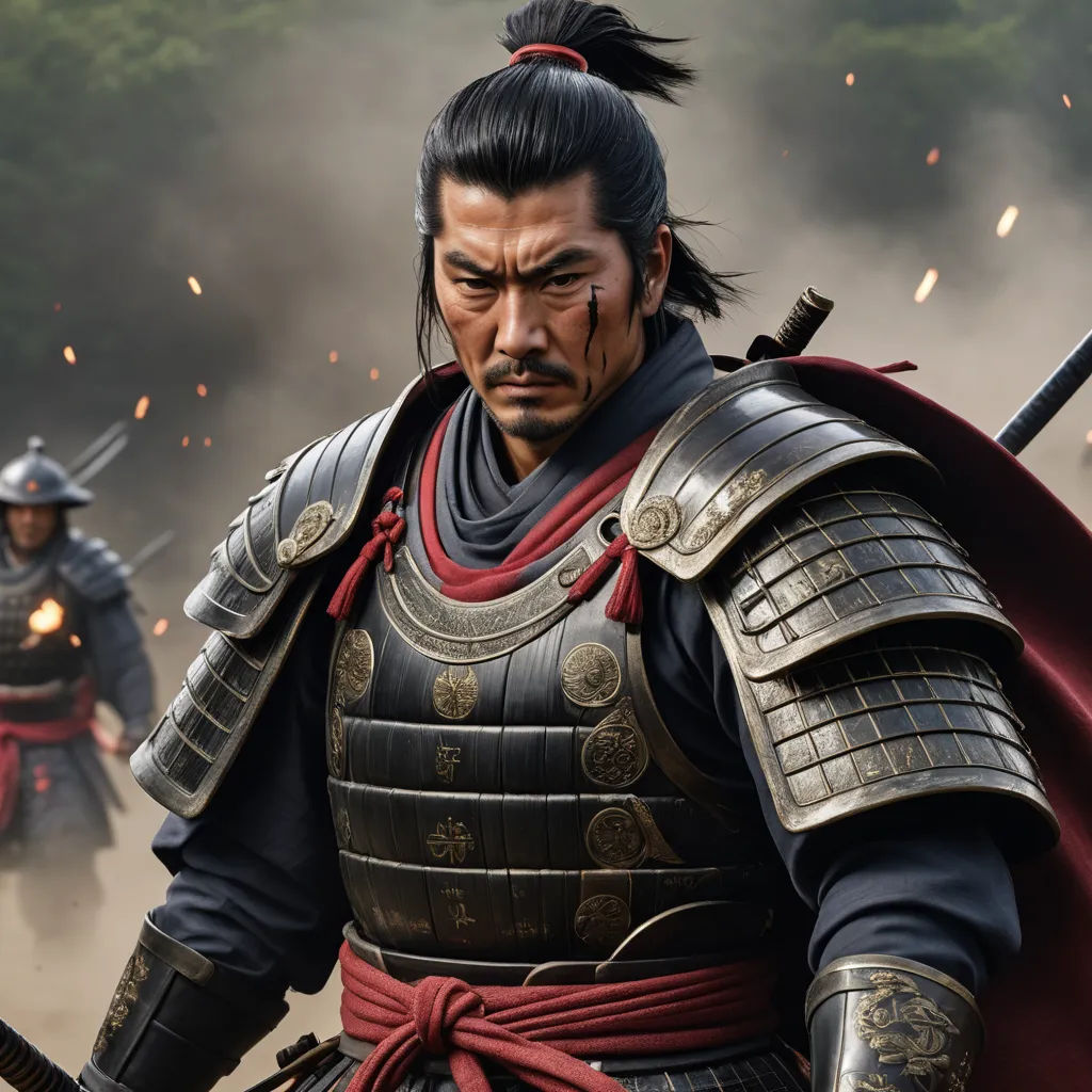 a man in a costume with a sword and a helmet on, with two other men in the background, dau-al-set, a character portrait, Baiōken Eishun, unreal engine highly rendered