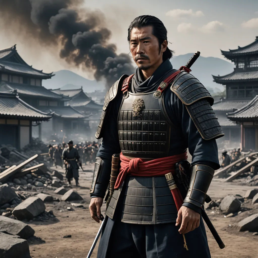 a man in a chinese armor standing in front of a building with smoke billowing out of it's chimneys, dau-al-set, a poster, Emperor Huizong of Song, movie still