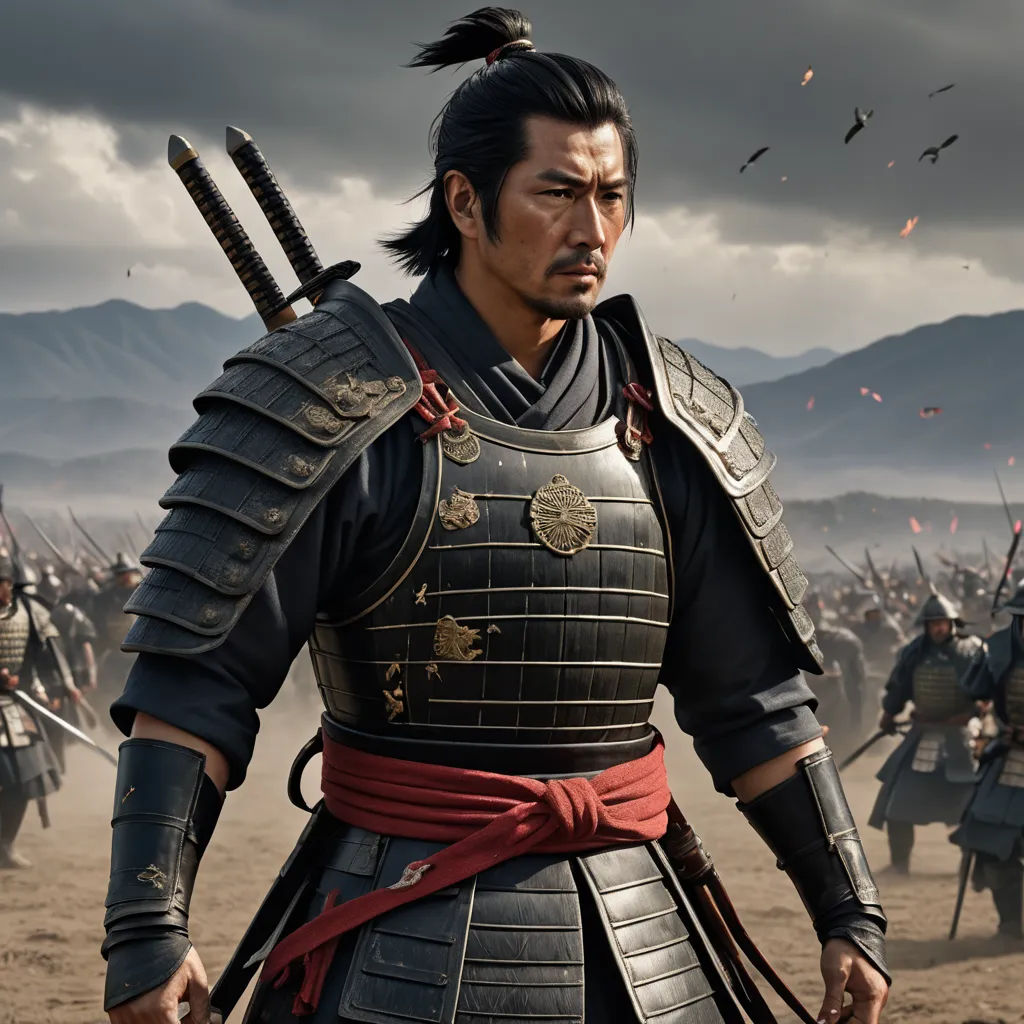 a man in a japanese armor with a sword in his hand and a group of men in the background, dau-al-set, a character portrait, Baiōken Eishun, movie still