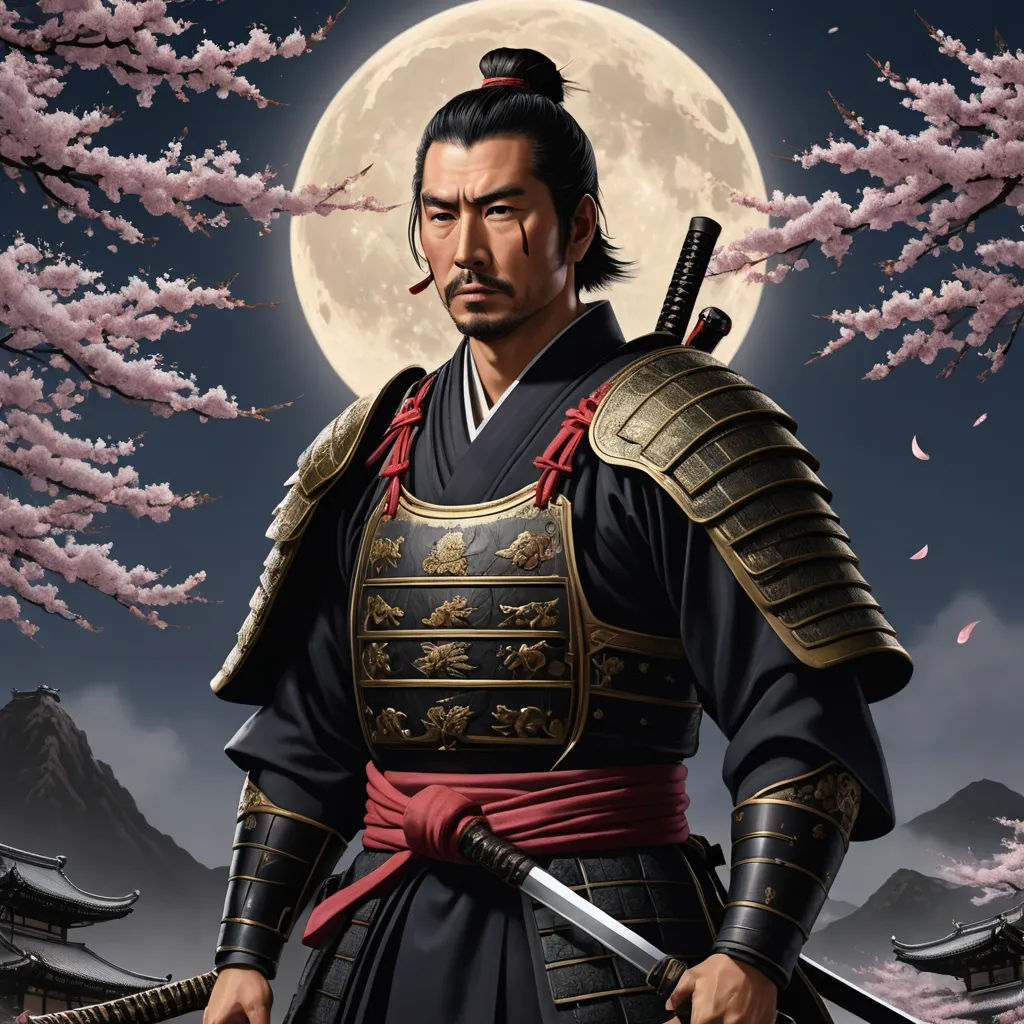 a man in a japanese costume holding a sword and a sword in his hand with a full moon in the background, ukiyo-e, a character portrait, Eizan Kikukawa, character portrait