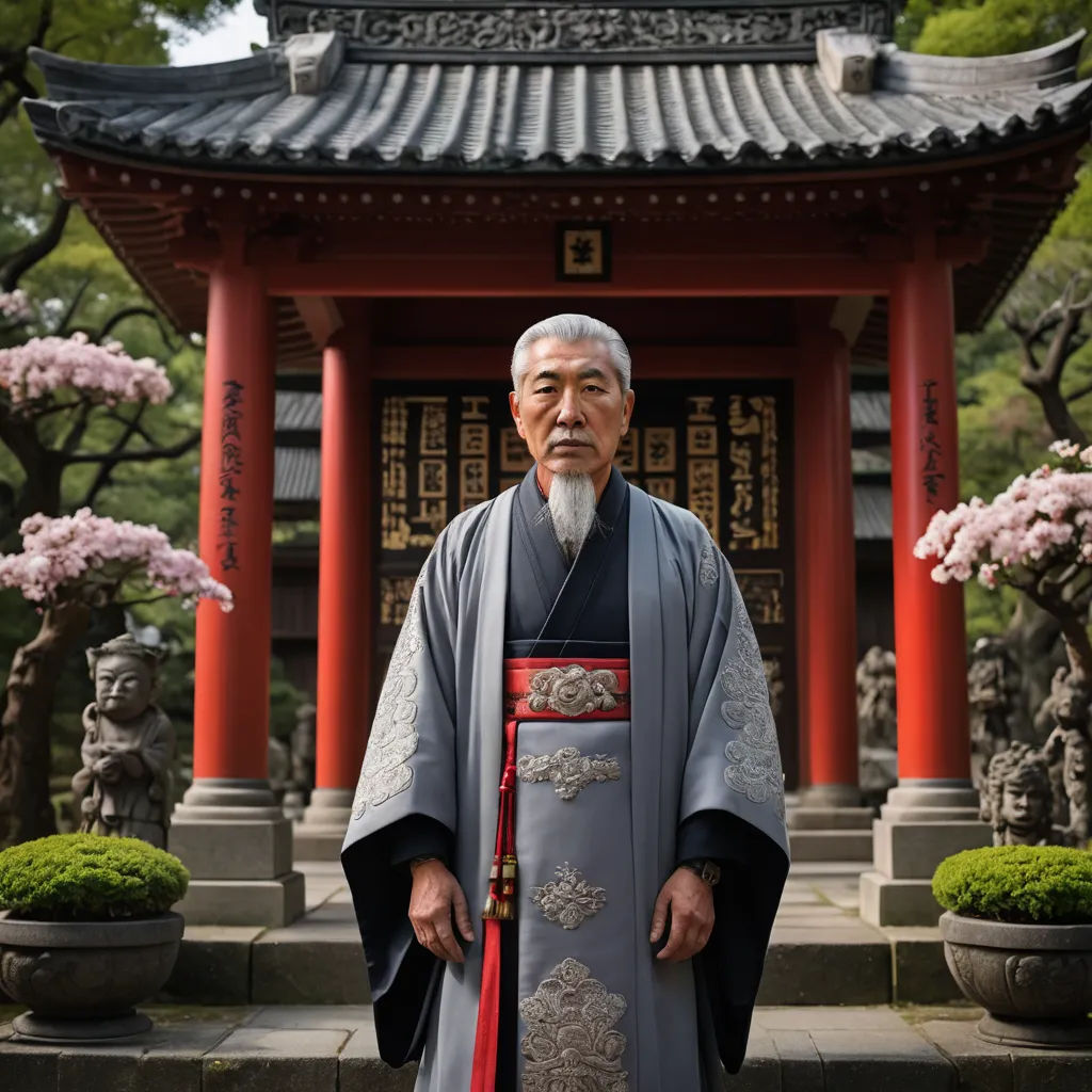 a man in a traditional chinese dress standing in front of a pagoda with flowers and trees in the background, ukiyo-e, a character portrait, Eizō Katō, kyoto studio