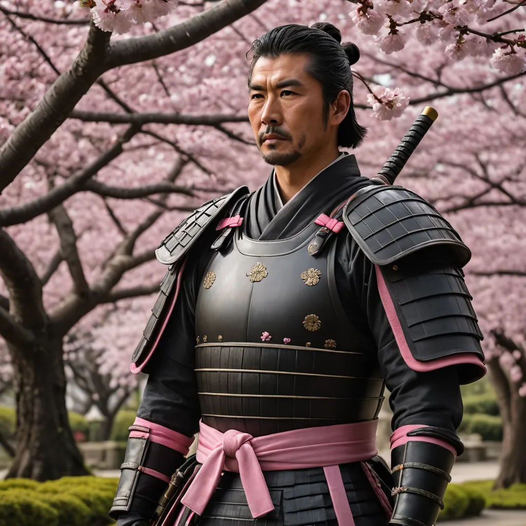 a man in a black and pink outfit standing under a tree with pink flowers in the background and a man in a black and pink outfit holding a sword, dau-al-set, a character portrait, Dai Jin, movie still