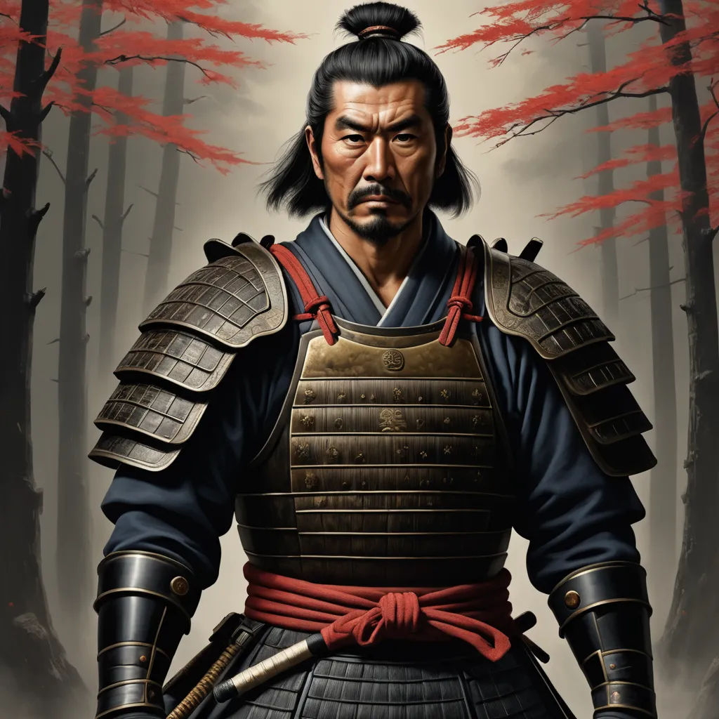 a painting of a man in a samurai outfit holding a sword in a forest with red leaves on the trees, photorealism, a character portrait, Eizan Kikukawa, highly detailed digital painting