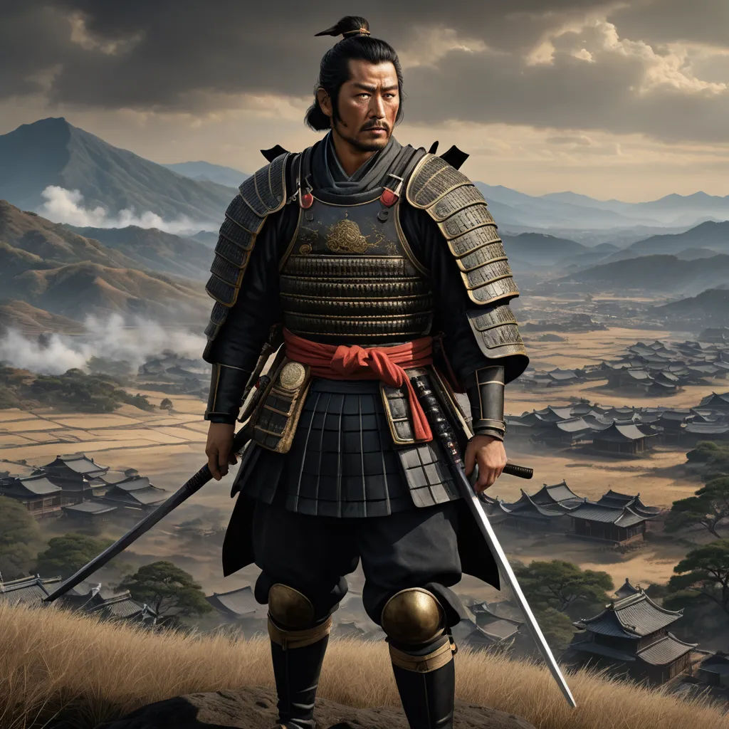 a man in a japanese armor standing on a hill with a sword in his hand and a town in the background, ukiyo-e, a detailed matte painting, Baiōken Eishun, official art