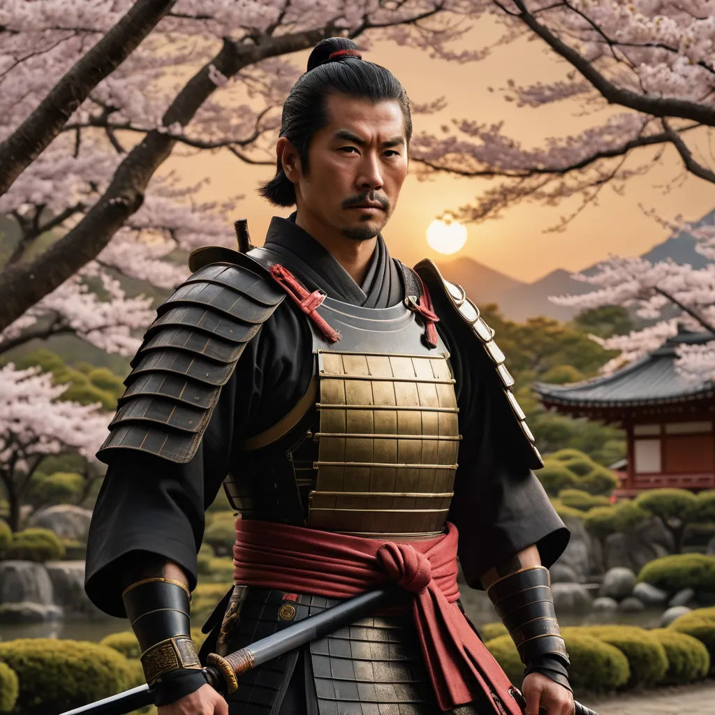 a man in a japanese costume holding a sword in front of a tree with pink flowers in the background, dau-al-set, a character portrait, Baiōken Eishun, promotional image