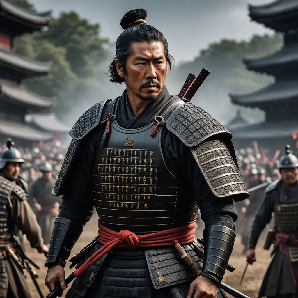 a man in a samurai costume standing in front of a crowd of people with swords in his hands and wearing a helmet, dau-al-set, a character portrait, Baiōken Eishun, movie still