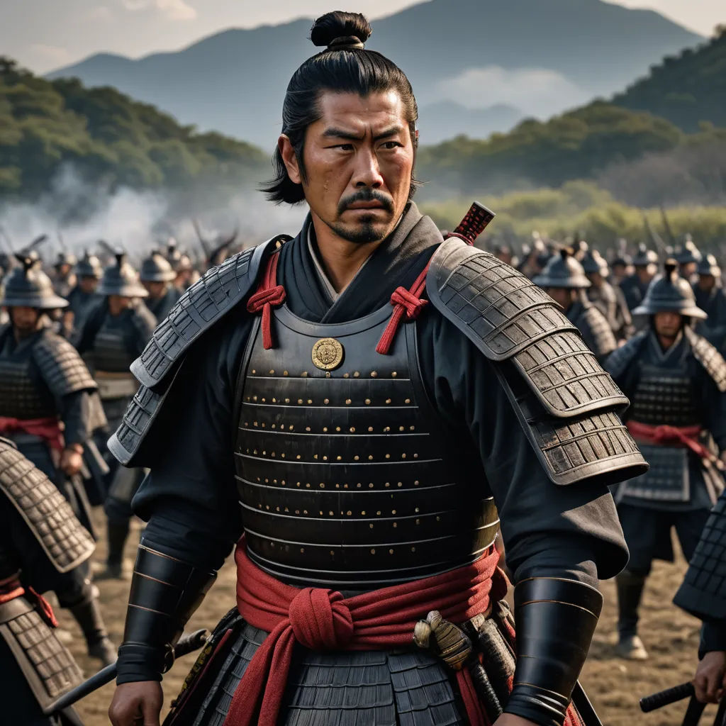 a man in a full armor standing in front of a group of men in a field with mountains in the background, dau-al-set, a poster, Baiōken Eishun, movie still