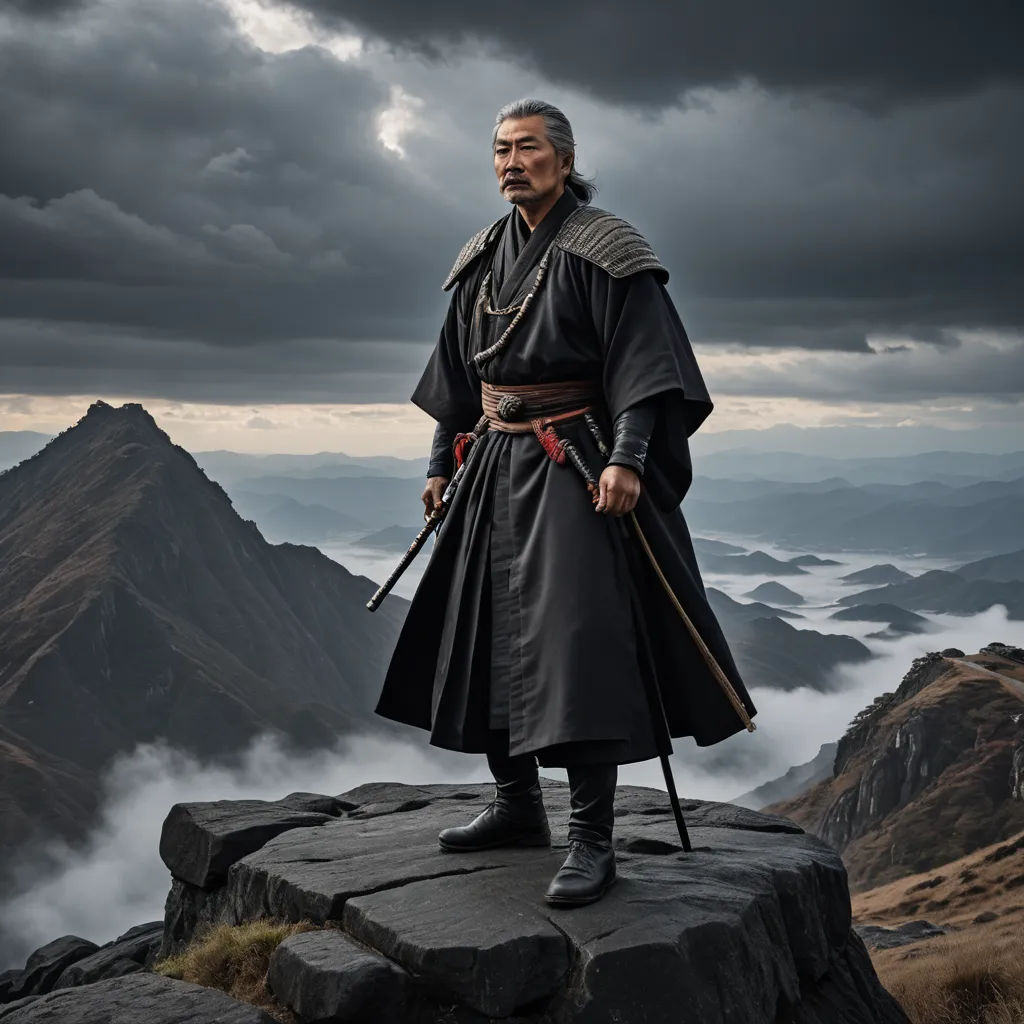 a man in a black outfit standing on a rock with a sword in his hand and a mountain in the background, dau-al-set, a character portrait, Fang Congyi, cinematic photography